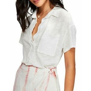 WE THE FREE | FREE PEOPLE Posh Tee White Linen Blend Short Sleeve Vneck Top SZ M